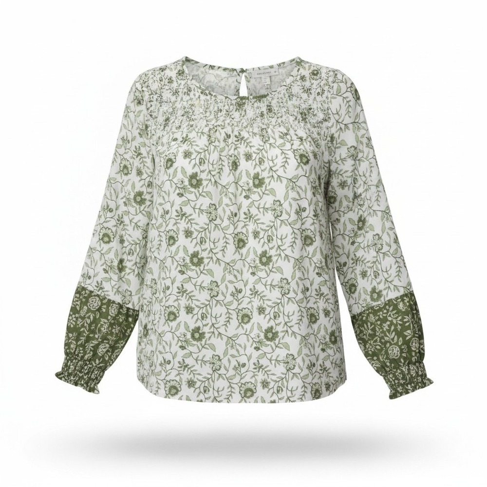 Charlotte by Cato Blouse XL 18 Green White Floral Smocked Long Sleeve Top